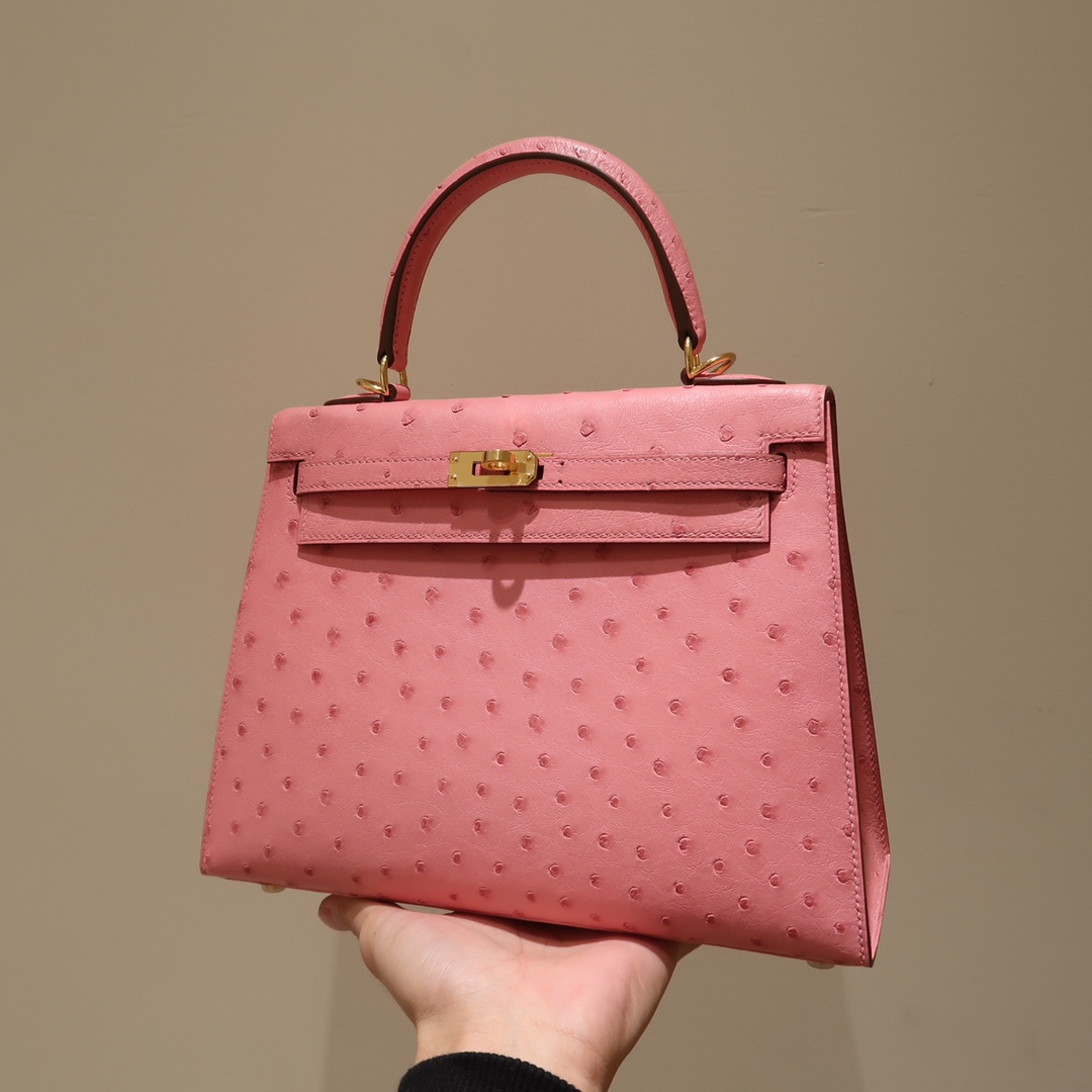 Hermes Kelly 25cm Handbag Shoulder Bag in Pink Ostrich Leather